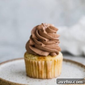 Whipped chocolate frosting piped onto a cupcake.