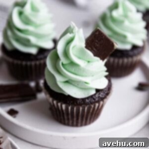 Velvety Mint Chocolate Cupcakes 2 A mint chocolate cupcake on a white plate topped with an Andes mint.