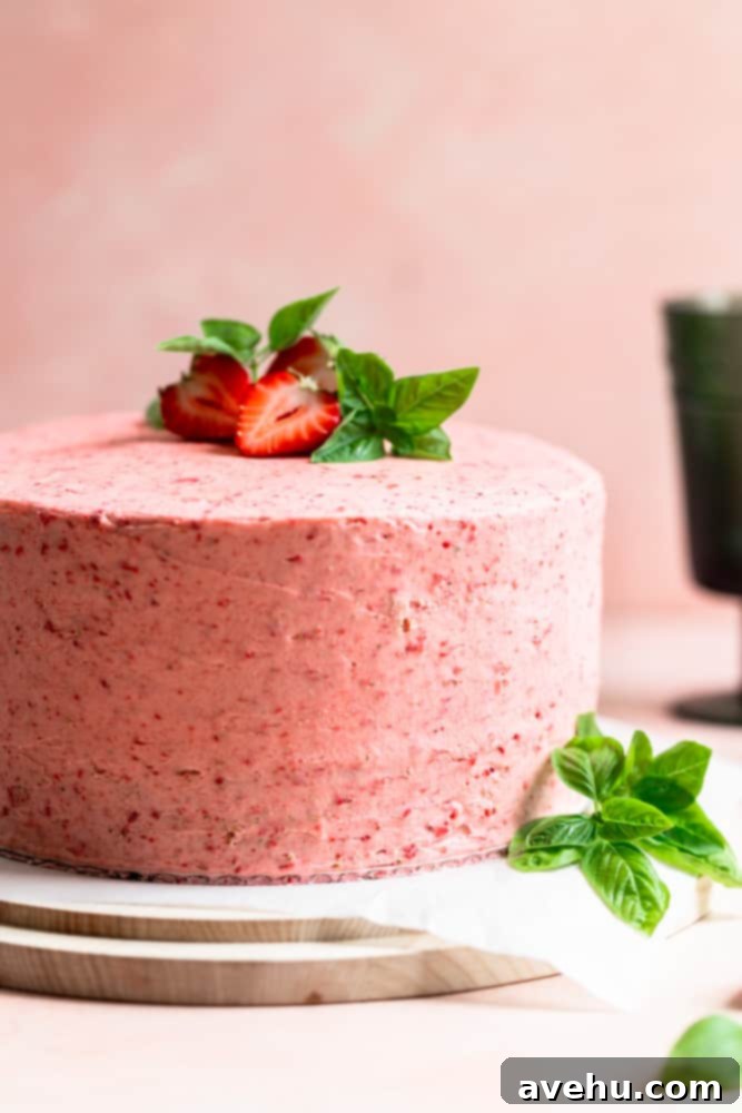 Aromatic Strawberry Basil Cake with Strawberry Buttercream 2 A stunning pink frosted layer cake, elegantly garnished with fresh strawberries and delicate basil leaves, ready to be served.