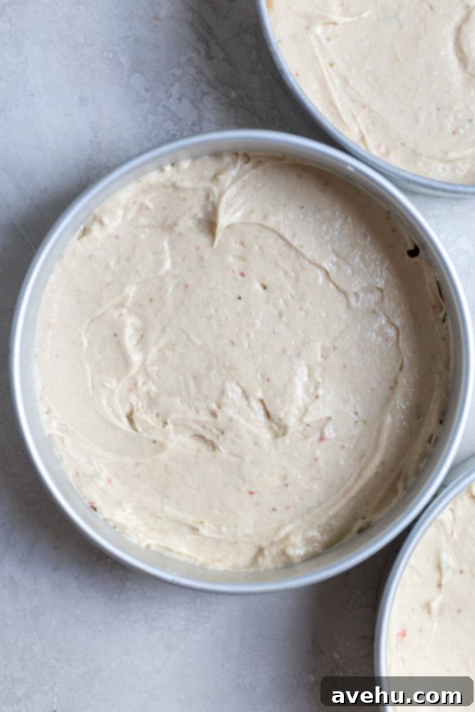 Aromatic Strawberry Basil Cake with Strawberry Buttercream 6 A pristine white cake batter fills a round baking pan, showcasing its smooth texture before baking.