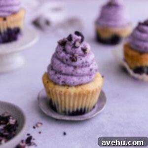 Effortless Blueberry Cloud Frosting 2 A blueberry cupcake topped with blueberry buttercream frosting.