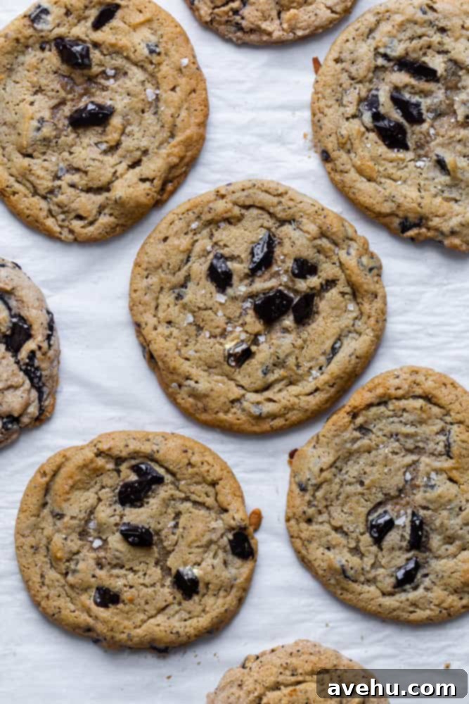 Coffee-Infused Chocolate Chip Chews 2 coffee cookies on a piece of parchment paper