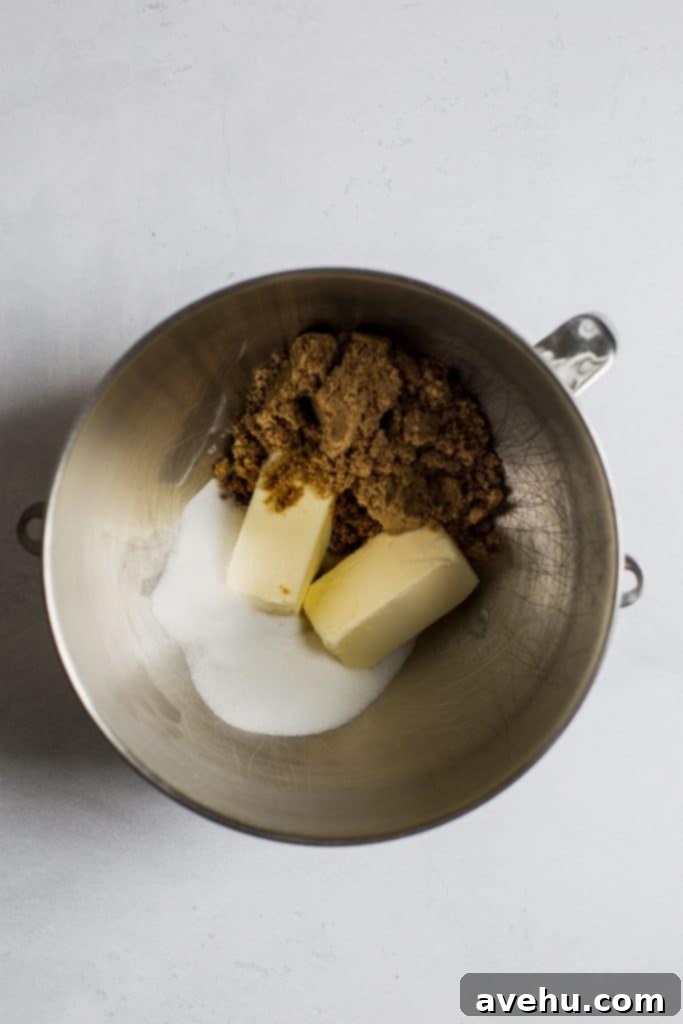 Coffee-Infused Chocolate Chip Chews 4 butter, granulated sugar, and brown sugar in a stand mixer bowl