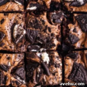 A closeup of Oreo brownies cut into squares.
