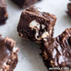 Ultimate Marshmallow Brownie Indulgence 4 The inside of a chocolate fudge brownie with marshmallow swirl, topped with chocolate frosting.