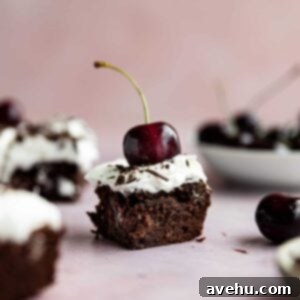 Simple Fudgy Black Forest Brownies 2 A close up of a black forest brownie on a table with cherries in the background.