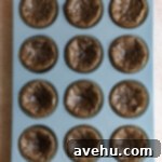 Instant Indulgence Brownie Bites 6 Baked brownie cupcakes in a muffin tin.