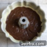 Handcrafted Fudgy Chocolate Brownie Masterpiece 6 Rich, dark chocolate brownie cake batter carefully poured into a meticulously greased bundt pan, filling it evenly and ready for baking.