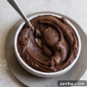 The Easiest 4-Ingredient Chocolate Fudge Frosting 2 Fudge frosting in a bowl with a spoon sticking out.