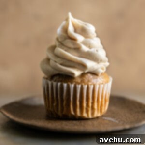 Spiced Cloud Cream Cheese Frosting 2 A beautifully frosted cupcake with fluffy cinnamon cream cheese frosting, garnished slightly.