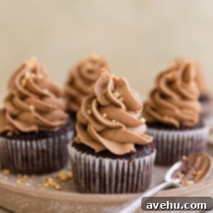 Ultimate Pipeable Nutella Frosting 2 Frosted Nutella Cupcakes, topped with pipeable Nutella frosting, ready to be enjoyed.