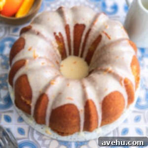 Zesty Citrus Bundt Bliss 2 An orange bundt cake with icing on a blue patterend surface.