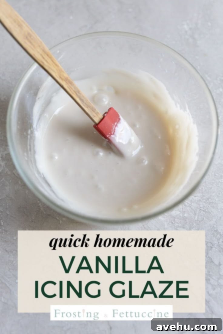 Effortless 2 Minute Thick Vanilla Glaze for Cakes 2 Pinterest image promoting easy vanilla glaze, featuring a tempting close-up of a glazed bundt cake with perfect drips.