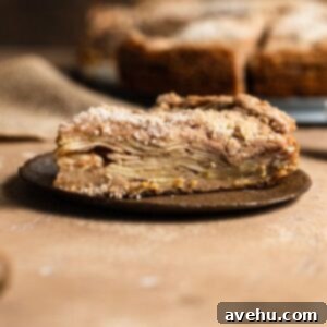 Effortless Graham Cracker Apple Pie 2 A slice of our delightful apple pie with a golden graham cracker crust and streusel topping, served on a small brown plate.