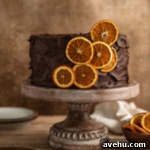 Velvety Chocolate Orange Delight 2 A chocolate orange cake frosted with chocolate frosting and garnished with dried orange slices.