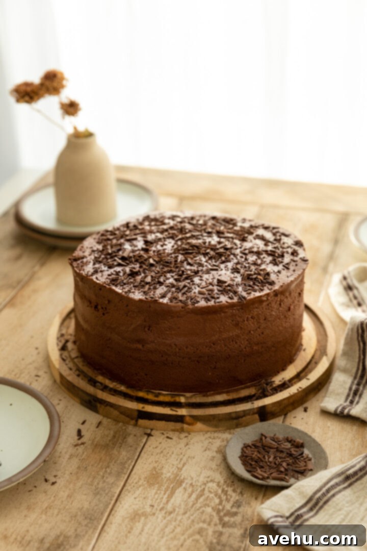 Decorated yellow cake with chocolate frosting and chocolate shavings.