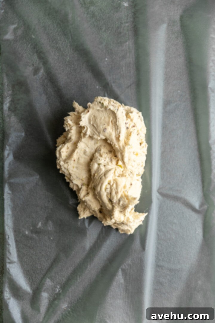 Buttery Pistachio Shortbread Logs 8 A mound of pistachio shortbread cookie dough placed on a sheet of plastic wrap, prepped for shaping into a log.