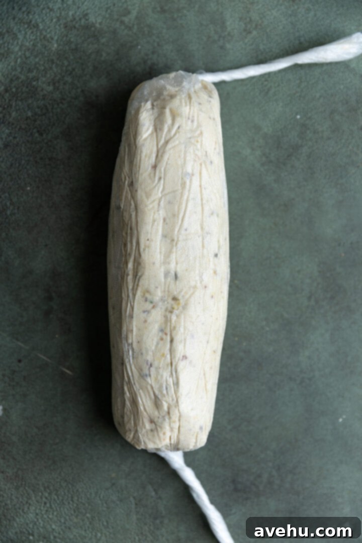 Buttery Pistachio Shortbread Logs 9 A neatly shaped log of pistachio shortbread dough, securely wrapped in plastic wrap and ready for chilling.