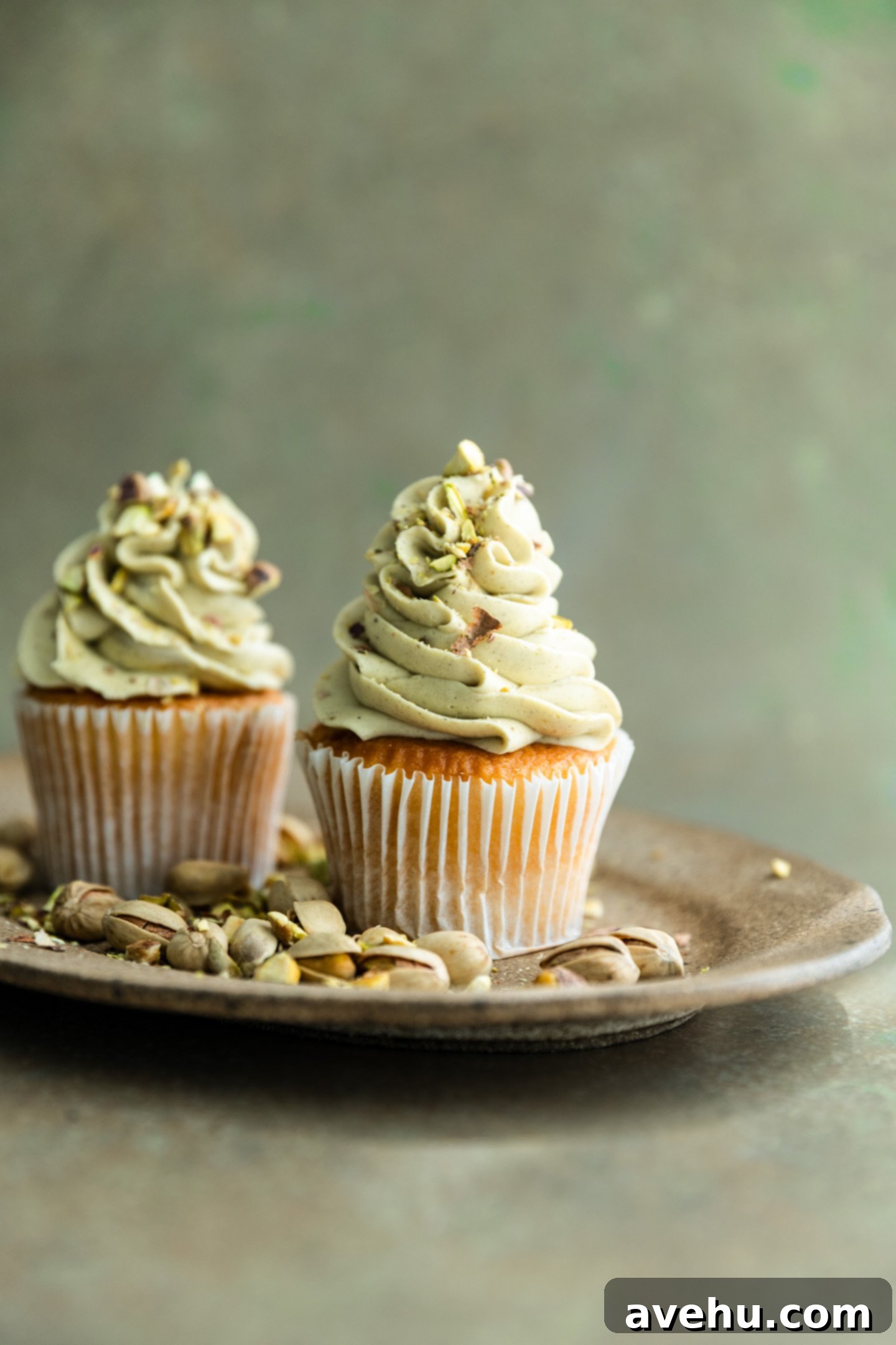 Effortless 5 Minute Pistachio Frosting 2 Cupcakes topped with pistachio frosting.