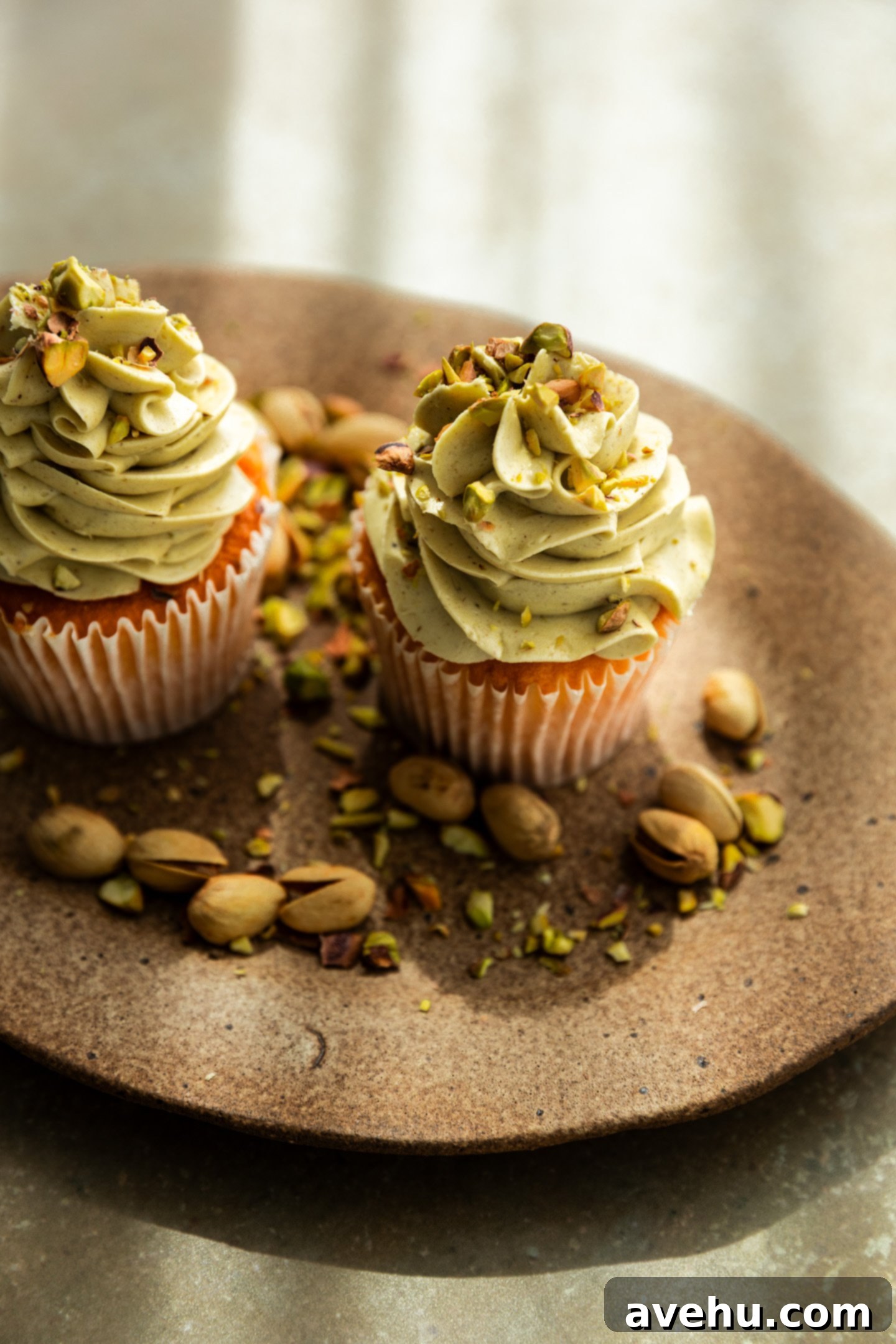 Effortless 5 Minute Pistachio Frosting 7 2 vanilla cupcakes with pistachio frosting on a brown platter surrounded by pistachios.