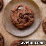 Quick 25-Minute Double Chocolate Chip Cookies 5 A double chocolate chip cookie on a brown plate.