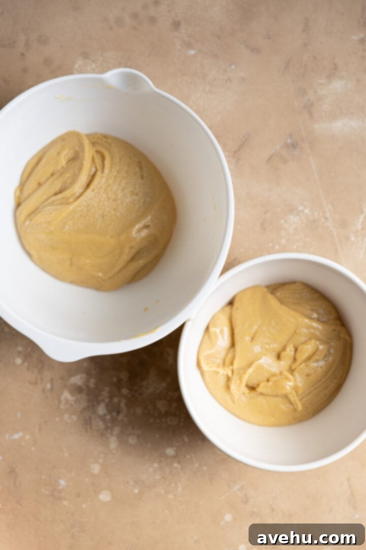 Two white bowls, each holding an equal portion of cookie batter, demonstrate the precise division required for this unique recipe.