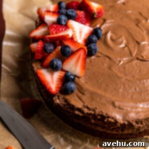 Velvet Chocolate Mousse Cake No Gelatin Needed 14 A chocolate mousse cake with berries on top.