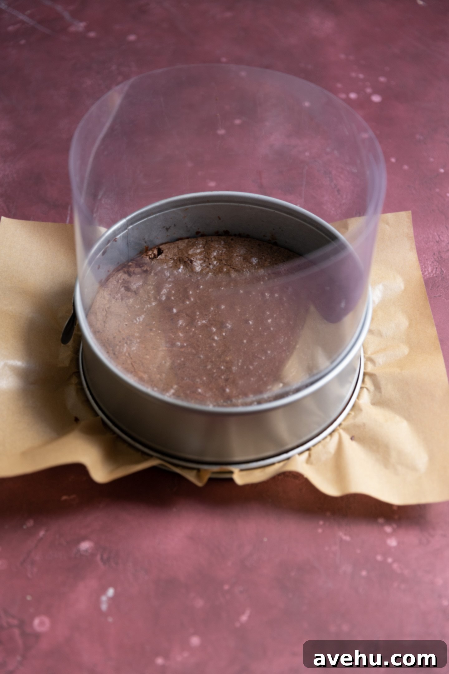 Velvet Chocolate Mousse Cake No Gelatin Needed 3 An acetate liner around a chocolate cake in a springform pan.