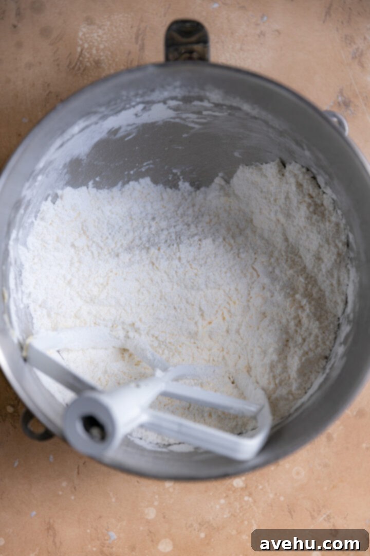 Silky Smooth Cookie Dough Frosting 7 A crumbly mixture of softened butter, powdered sugar, and heat-treated flour inside a stand mixer bowl, indicating the initial mixing stage.