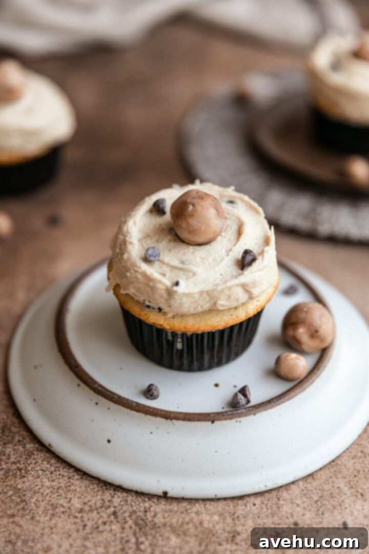 Silky Smooth Cookie Dough Frosting 9 A perfectly frosted cookie dough cupcake, adorned with edible cookie dough frosting and mini chocolate chips, presented on a plate.