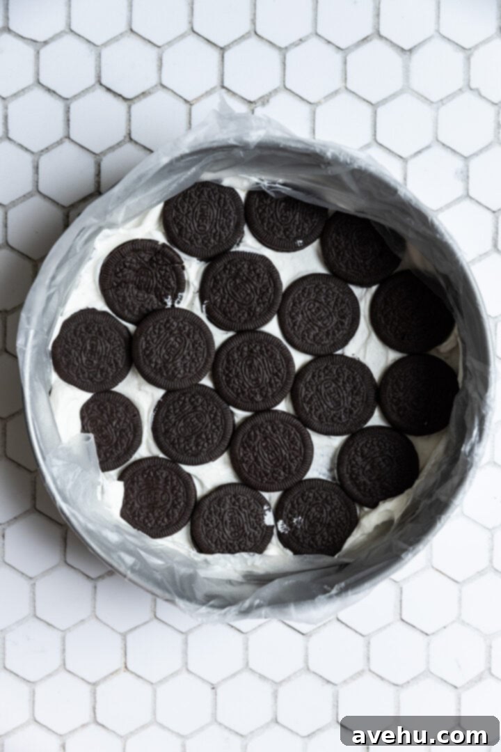 No-Bake 4-Ingredient Chocolate Dream 6 A layer of whipped cream and Oreo Thins in a spring form pan.