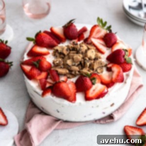 Chilled Strawberry Cloud Cake 12 A strawberry icebox cake topped with fresh strawberries and chocolate chip cookies.