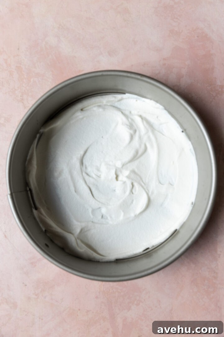Chilled Strawberry Cloud Cake 6 An initial, even layer of whipped cream spread across the bottom of a springform pan, preparing for the cookie layer.