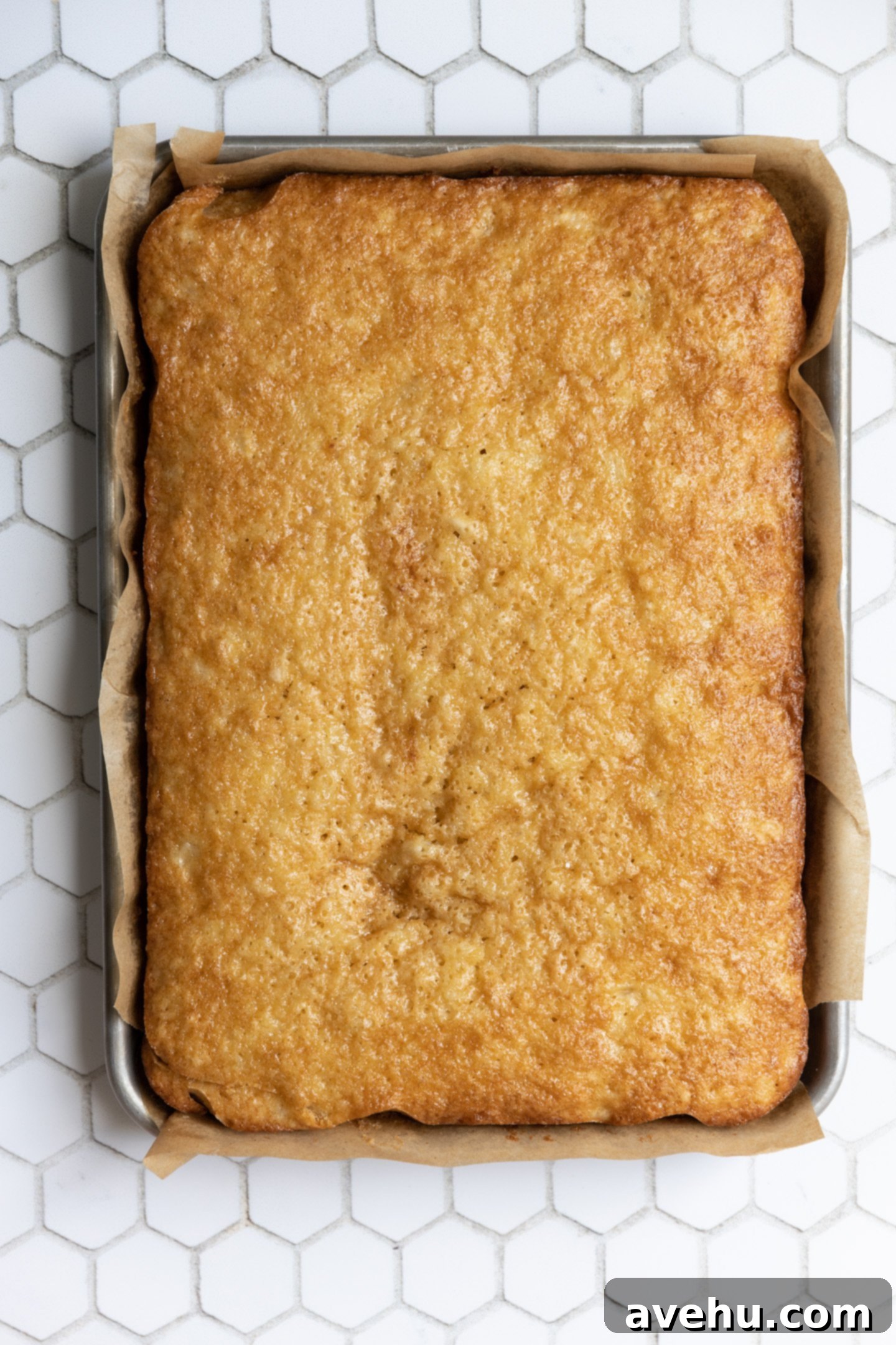 A pineapple cake baked in a 9x13" pan, golden brown and perfectly set.