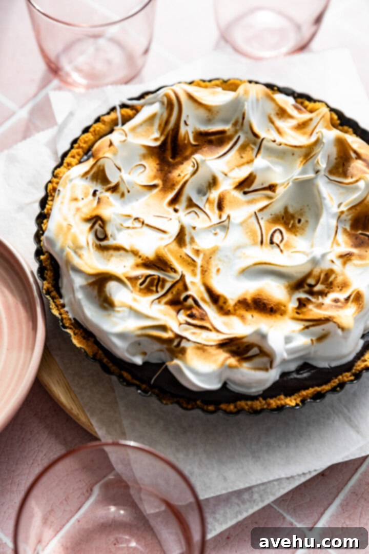 Foolproof S'mores Pie with Decadent Chocolate 12 S'mores pie layered on top of a cake plate and parchment paper.