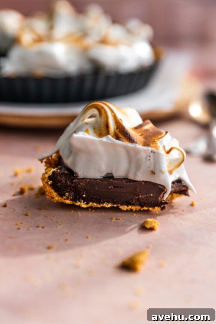 Foolproof S'mores Pie with Decadent Chocolate 13 A slice of s'mores pie with a bite taken out of it.
