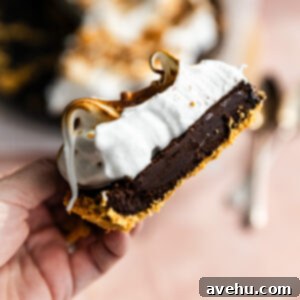Foolproof S'mores Pie with Decadent Chocolate 14 A hand holding a slice of meringue pie on an angle.