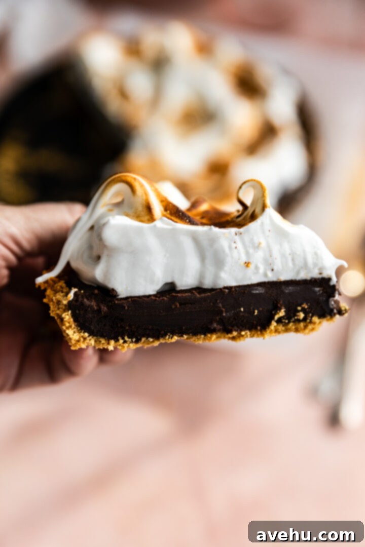 Foolproof S'mores Pie with Decadent Chocolate 3 A hand holding a slice of s'mores pie.