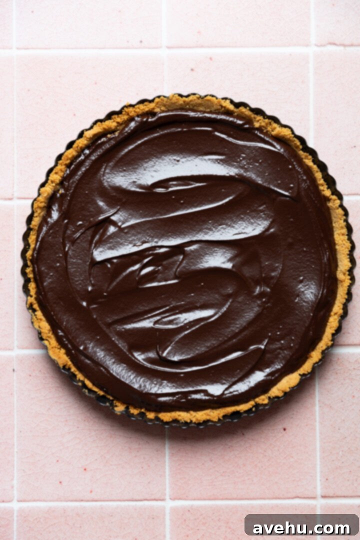 Foolproof S'mores Pie with Decadent Chocolate 8 Ganache spread in a graham cracker crust.