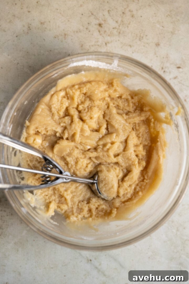 20-Minute Mixer-Free Sugar Cookies 6 Cookie dough for sugar cookies in a glass bowl with a cookie scoop inside, showing its slightly loose consistency.