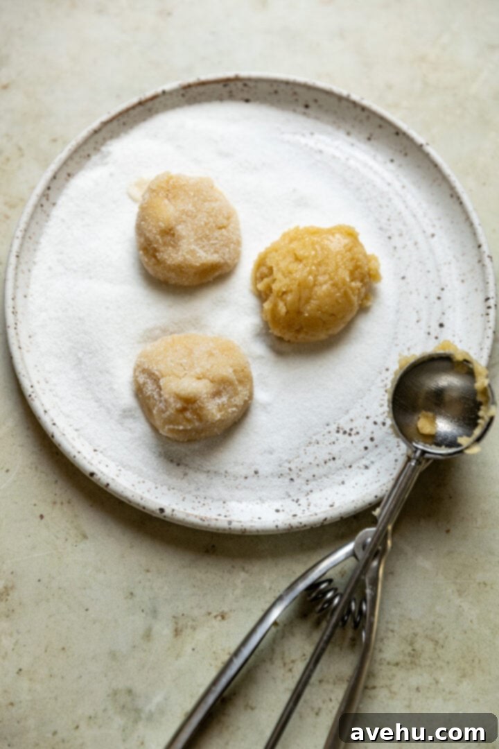 20-Minute Mixer-Free Sugar Cookies 8 A shallow plate of granulated sugar with three perfectly rolled cookie dough balls, next to a cookie scoop.
