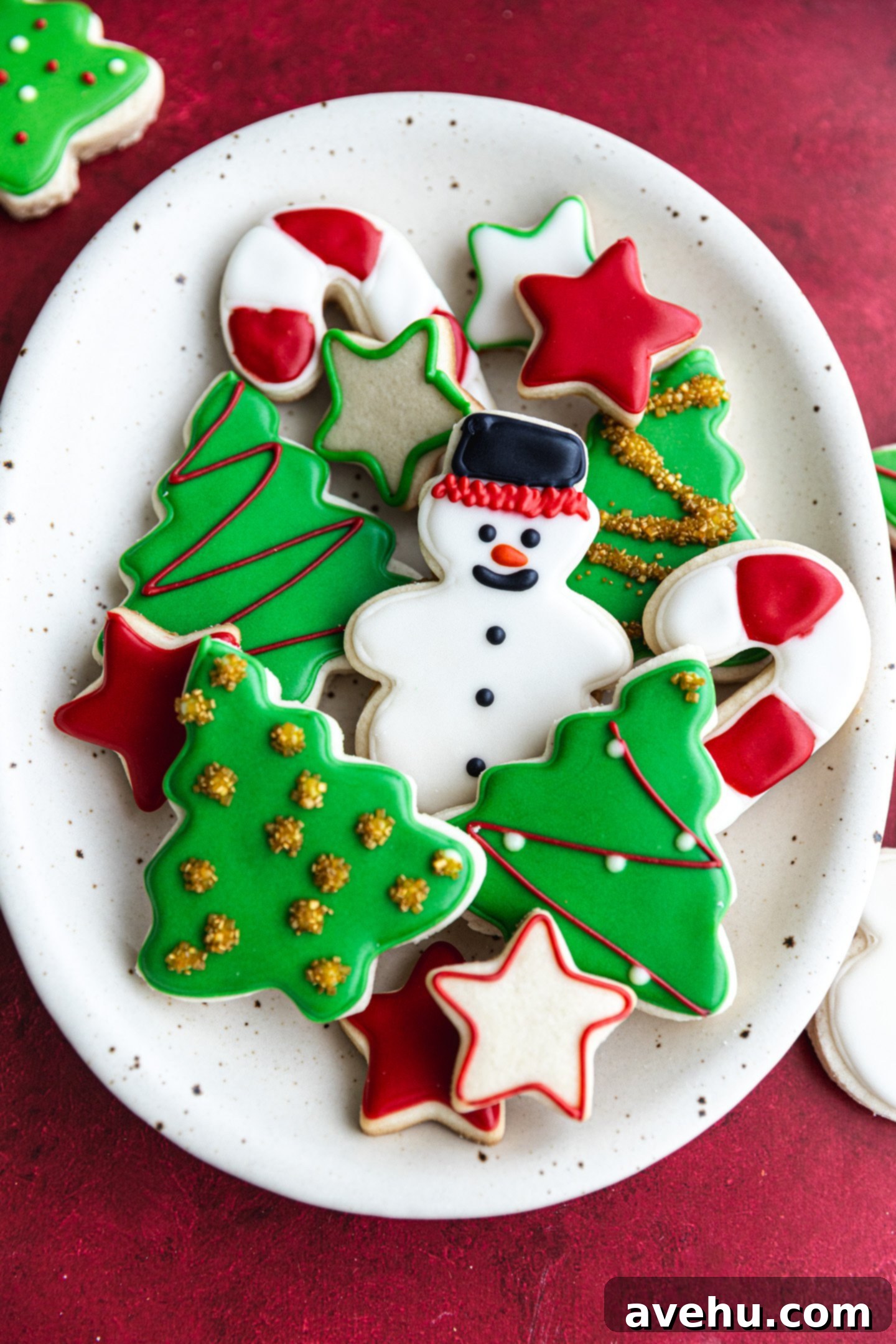 Instant Cut-Out Sugar Cookies 2 A festive plate of beautifully iced Christmas sugar cookies with sharp edges.