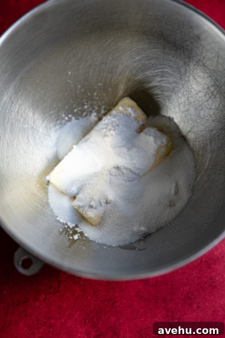 Instant Cut-Out Sugar Cookies 4 Butter, powdered sugar, and white sugar creaming together in a mixer bowl.