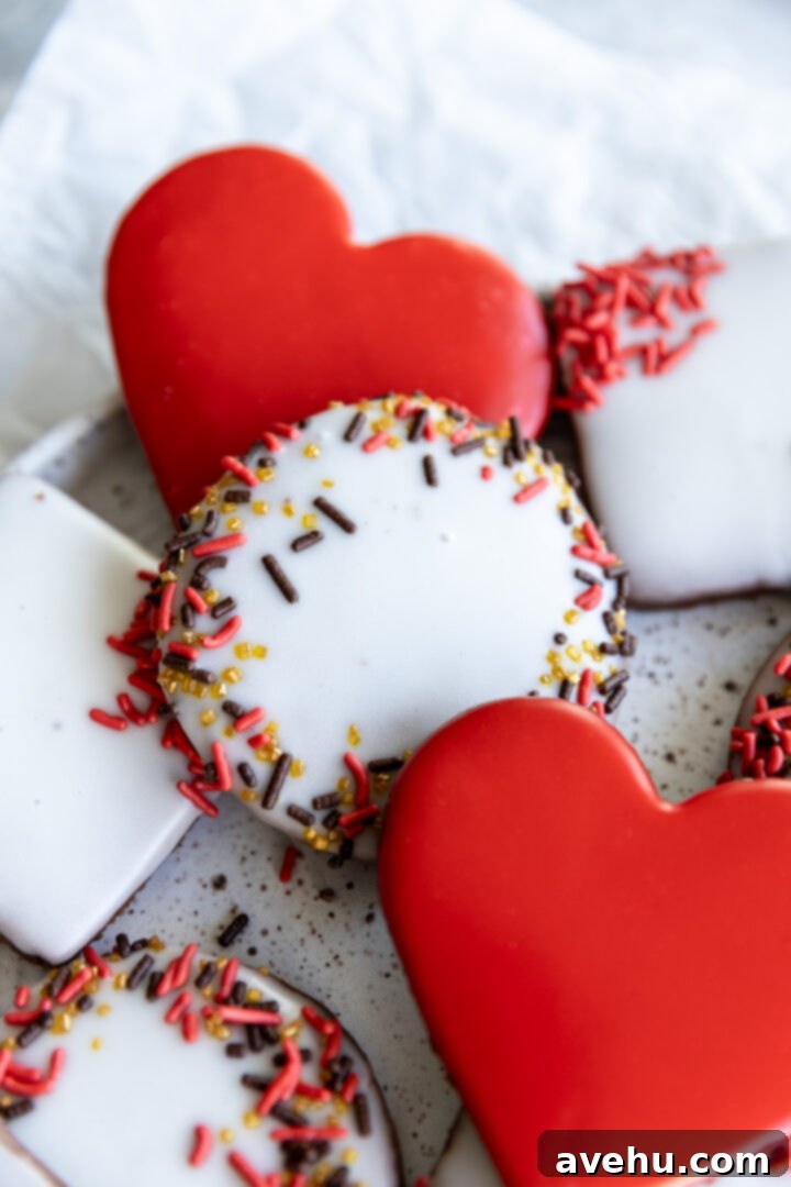 Quick No-Piping Cookie Icing 12 Decorated sugar cookies stacked on each other.