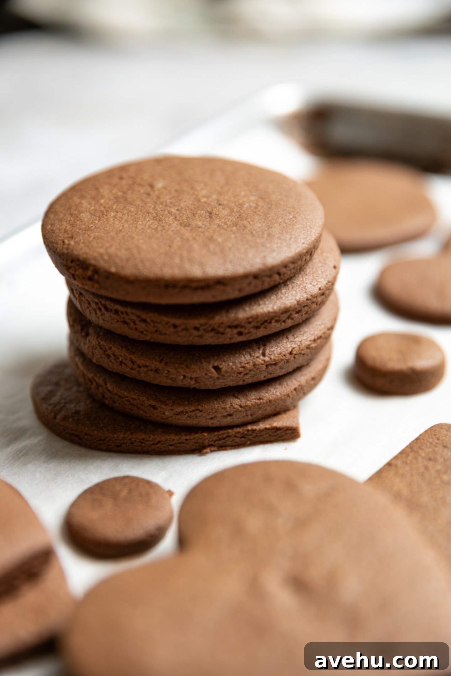 Instant Chocolate Sugar Cookie Delight 11 Perfectly round chocolate cookies neatly stacked on top of each other on a cookie sheet, demonstrating excellent shape and size retention post-baking.