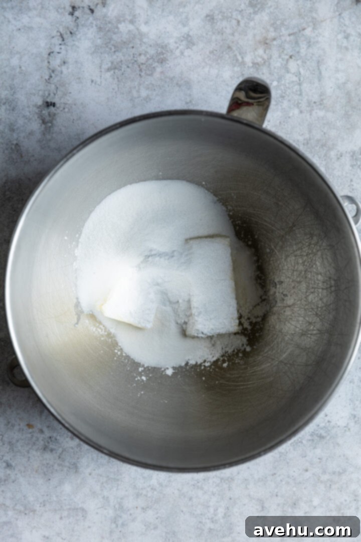 Instant Chocolate Sugar Cookie Delight 3 Softened butter and a mix of white and powdered sugars in a stand mixer bowl, ready for creaming.