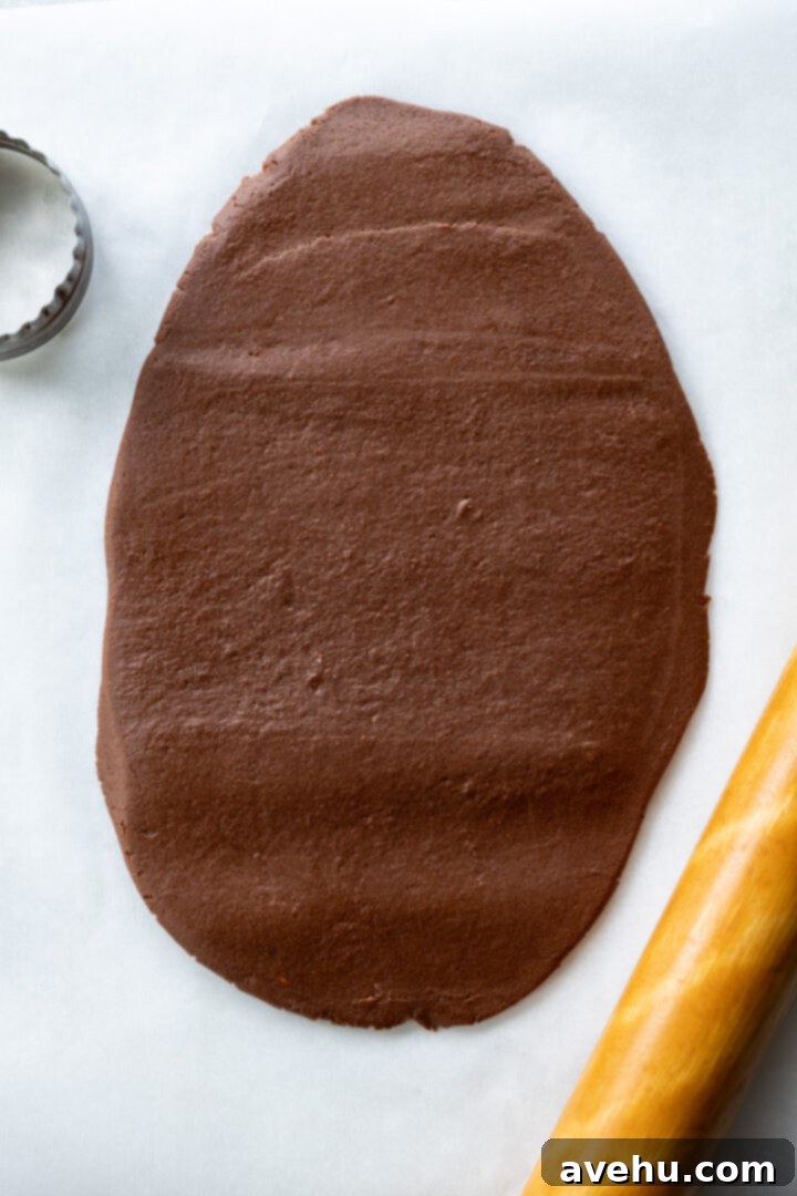 Instant Chocolate Sugar Cookie Delight 8 Chocolate sugar cookie dough rolled evenly to 1/4 inch thickness between two sheets of parchment paper, with a rolling pin nearby.