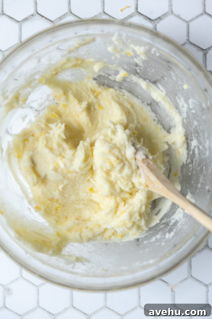 Zesty No-Chill Lemon Sugar Cookies 4 Butter, sugar and lemon zest creamed in a bowl.