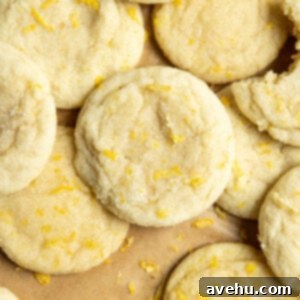 Zesty No-Chill Lemon Sugar Cookies 10 Lemon sugar cookies stacked on each other on brown paper.