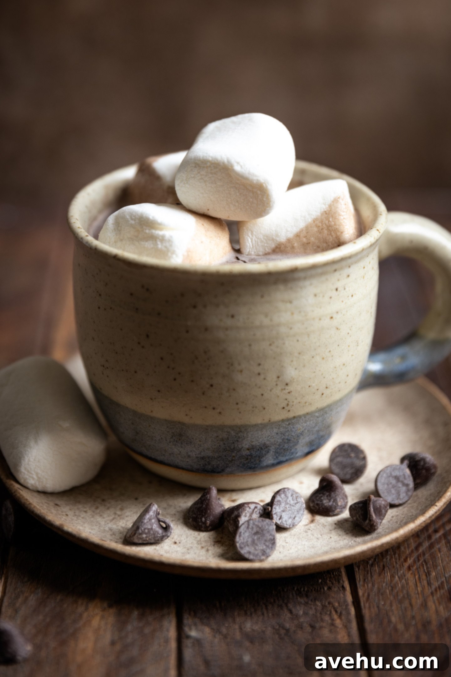 Instant Comfort Microwave Hot Cocoa for One 2 A mug of homemade hot chocolate, topped generously with mini marshmallows, rests on a small ceramic plate. Scattered around the plate are loose dark chocolate chips, suggesting the key ingredients. The scene evokes warmth and comfort, perfect for a cozy night.